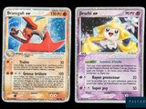 Deux cartes Pokémon sont représentées côte à côte sur un fond noir.