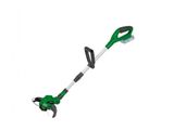a green and white string trimmer on a white background