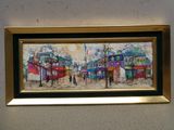 painting of a street scene with people walking by a bus stop