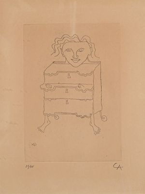 dessin représentant une femme assise sur une commode