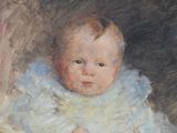a painting of a baby in a white dress holding a teddy bear