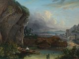 a painting of a man sitting in a boat on the water