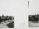 two black and white photos of men riding horses in a field