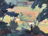 an oil painting of a man standing on top of a hill next to trees