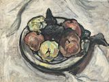 a painting of a bowl of fruit on a table