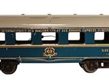 a blue and silver train car on a white background