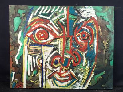peinture représentant le visage d'un homme sur une surface noire, avec un fond noir