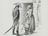 a drawing of a man and a woman standing next to a dog
