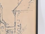 framed drawing of a street scene with buildings and trees in a black frame