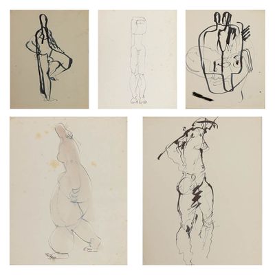 quatre croquis différents représentant un homme avec un chapeau et un sac