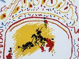 a drawing of a man riding a horse on top of a white sheet