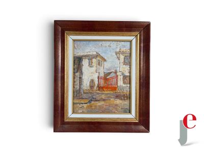 peinture à l'huile encadrée représentant une scène de rue avec des bâtiments et une voiture rouge