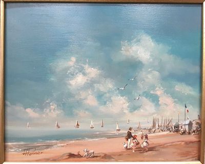 une peinture de personnes sur la plage au bord de l'eau