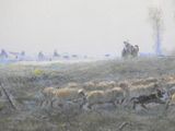 painting of a herd of sheep being herded by a man on a horse