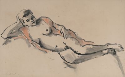 dessin représentant un homme nu allongé sur un fond blanc