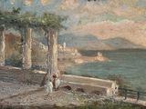 tableau représentant une vue de plage avec des personnes marchant au bord de l'eau