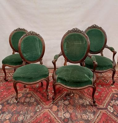 set of four victorian style green velvet upholstered chairs