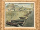 a painting of boats on the water near a bridge