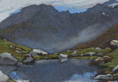 a painting of a mountain scene with a lake in the foreground