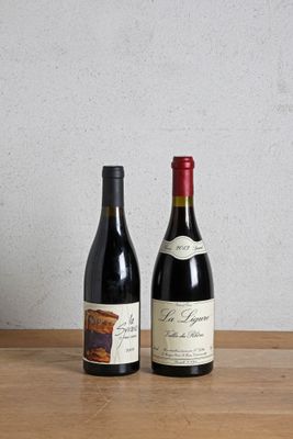 two bottles of wine sitting on top of a wooden table