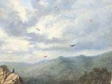 a painting of birds flying over a rocky cliff