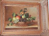 a painting of a basket of fruit on a table