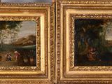 two paintings of a man and a woman in a wooded setting