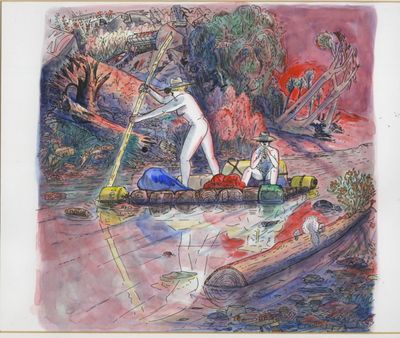 dessin représentant un homme dans un bateau sur une rivière, avec d'autres personnes en arrière-plan