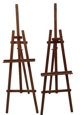 pair of wooden easets on stands against a white background