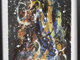 painting of a black and yellow abstract painting with white and blue paint splatters