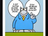 dessin humoristique représentant un homme en costume avec deux bulles de dialogue sur la tête