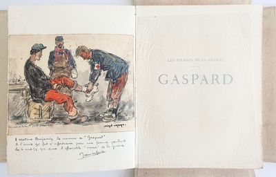 un livre ouvert sur lequel figure le dessin d'un groupe d'hommes en uniforme