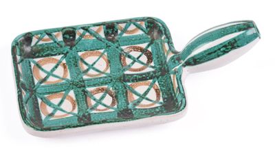 green and white square shaped dish with handles on a white surface