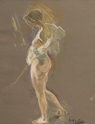 drawing of a nude woman with a baseball bat in her hand