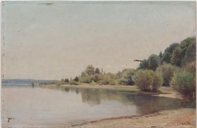 painting of a view of a body of water with trees in the background