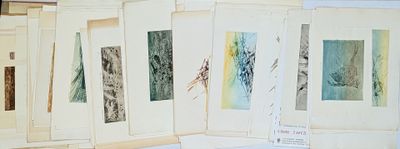 many paintings hanging on a wall in a room