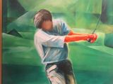 tableau représentant un homme brandissant un club de golf sur un fond vert