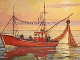 a painting of a boat in the water with people on it