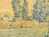 une peinture d'un champ avec des arbres en arrière-plan