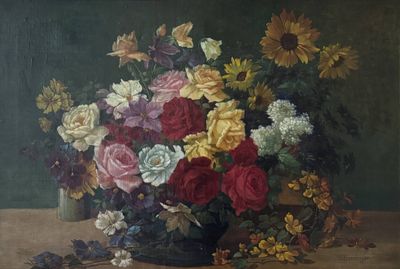 une peinture de fleurs dans un vase sur une table