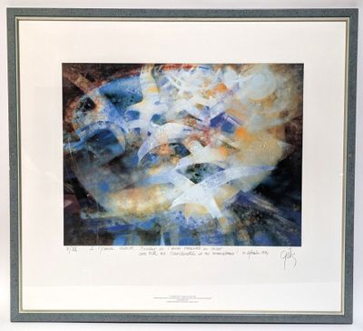 framed and matted print of a painting of a blue and white flower
