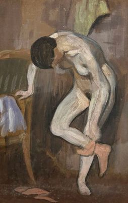 painting of a man bending over in front of a chair