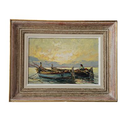 an oil painting of two boats in the water with a sky background