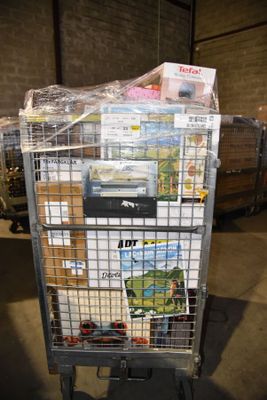 a shopping cart with many items in it in a warehouse