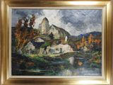 an image of a painting of a village by a river