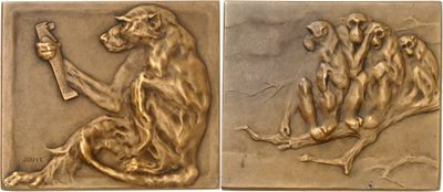 two bronze plaques depicting monkeys on a branch and a monkey sitting on a branch
