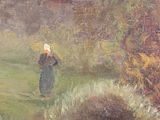 painting of a woman walking in a field with an umbrella