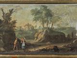 un vieux tableau représentant un couple et un enfant dans un paysage boisé