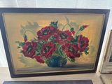a painting of red flowers in a blue vase on a table