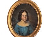 portrait d'une jeune fille en robe bleue, dans un cadre doré